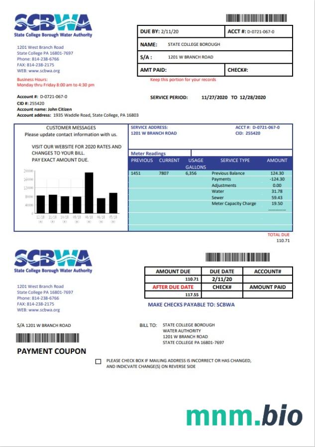 USA Pennsylvania scbwa woda rachunek za media szablon w formacie Word i PDF